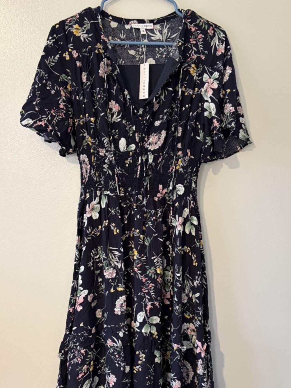 NWT Baltic Born Spell Boho Midi Dress Women's Small Navy Floral Smocked Bodice